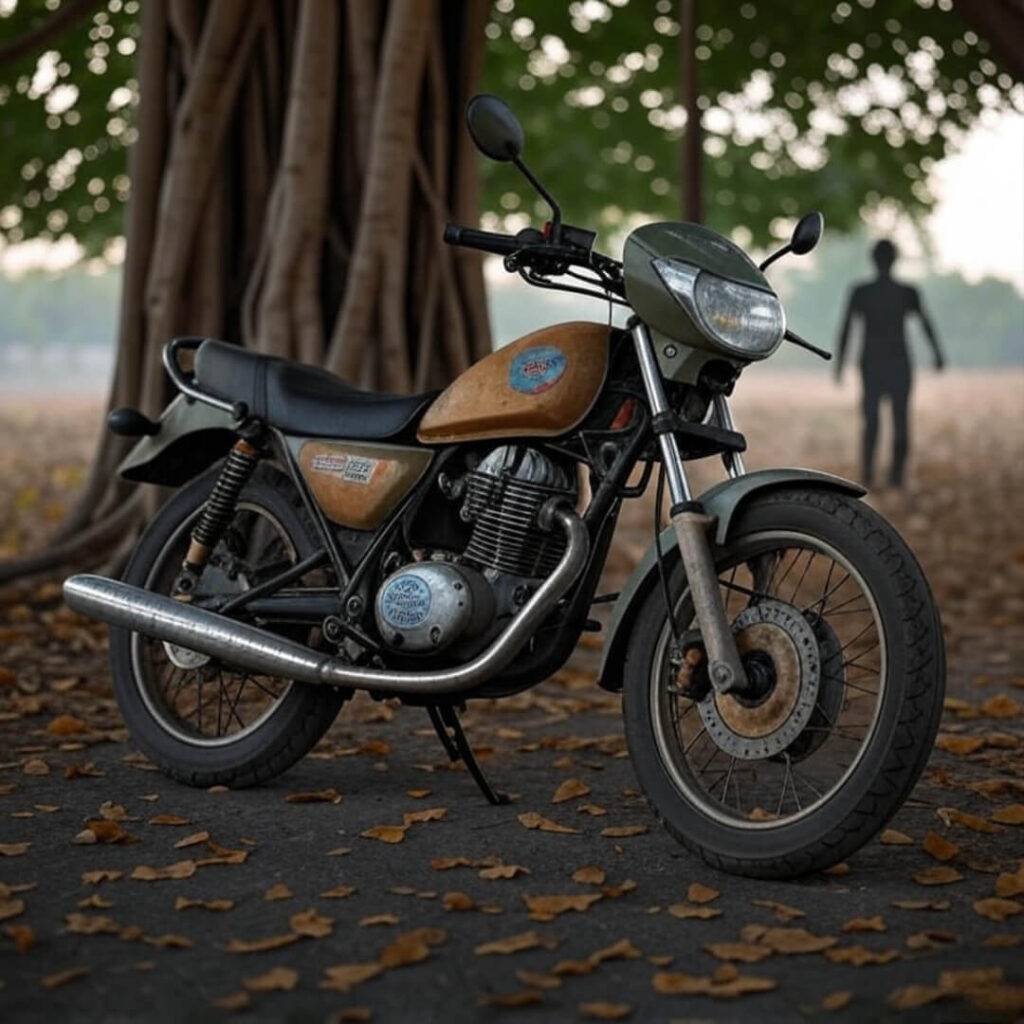 Motorcycle under banyan tree with faded "Safety First" sticker.