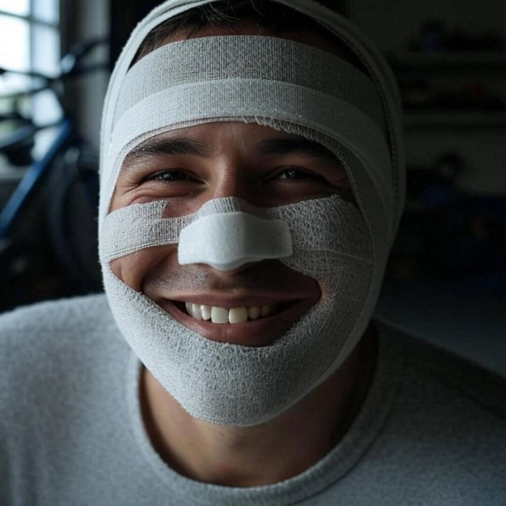 Bandaged rider beaming in garage with bike."