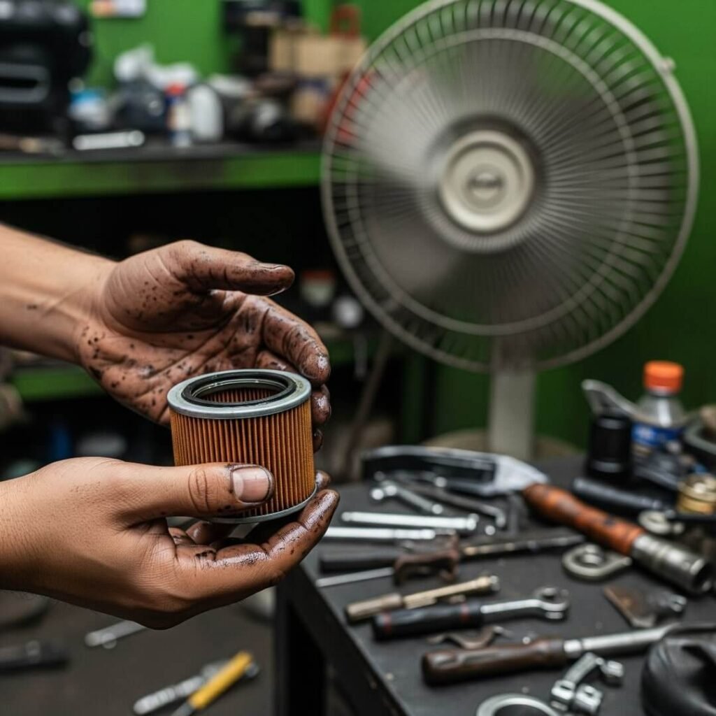 Oily hands holding an oil filter in a mechanic shop.