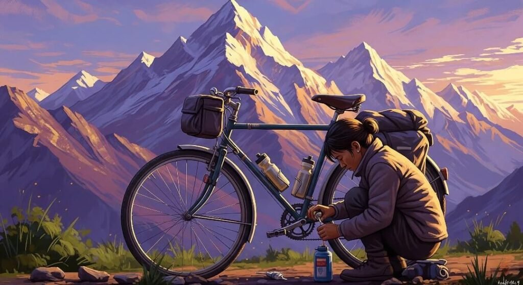 Person oiling a bike chain with Himalayan mountains in the background.