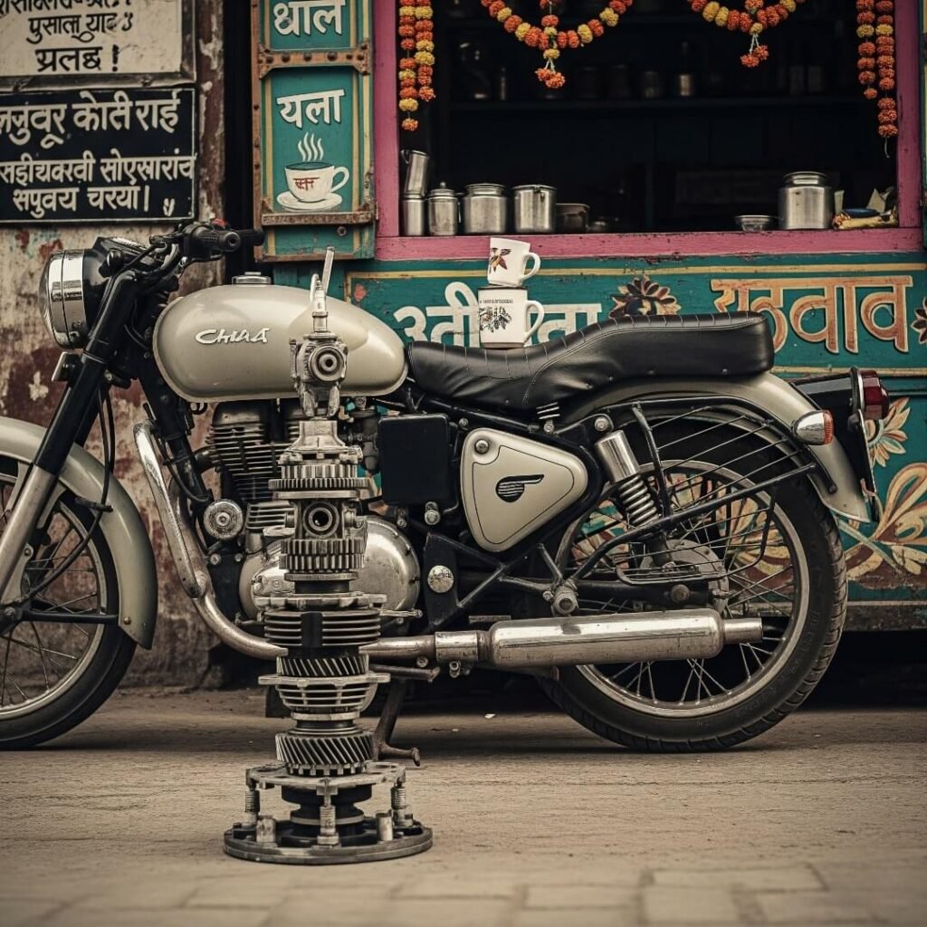 Vintage bike, stacked engine parts, colorful tea stall.