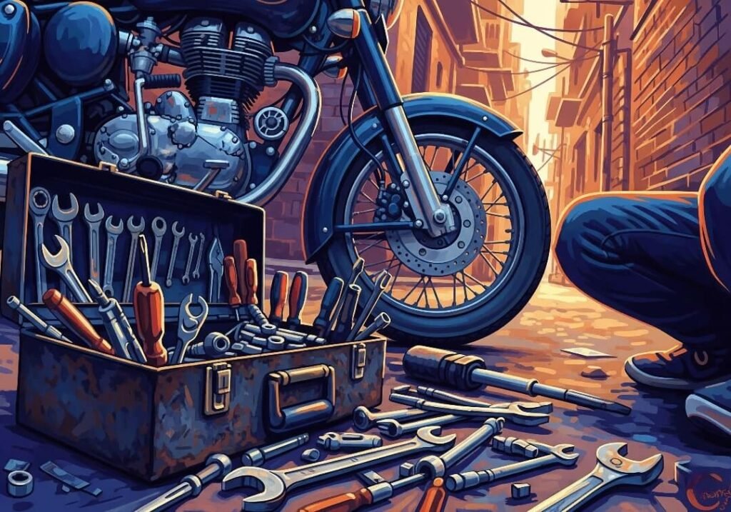 Toolbox with tools next to a motorcycle in an alley.