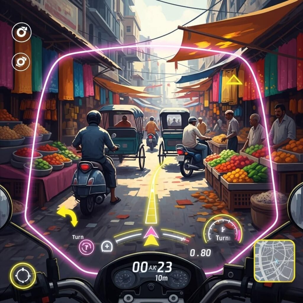 Rider's AR helmet view of a chaotic Indian market.