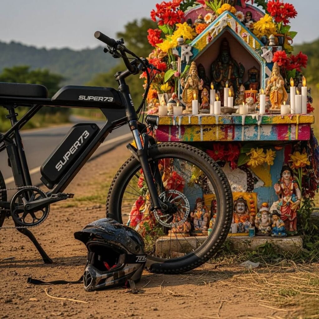 Super73 RX parked by a colorful roadside shrine.