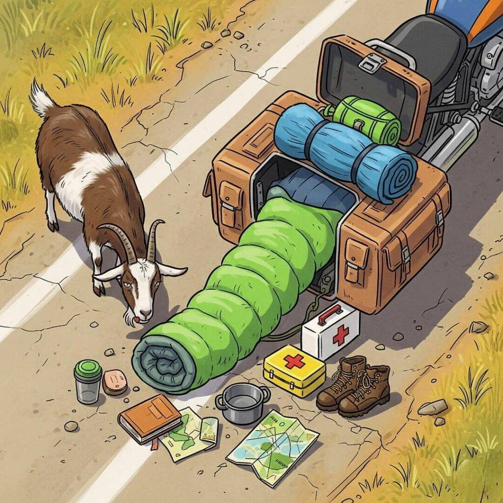 Goat inspecting motorcycle gear on a dusty road.
