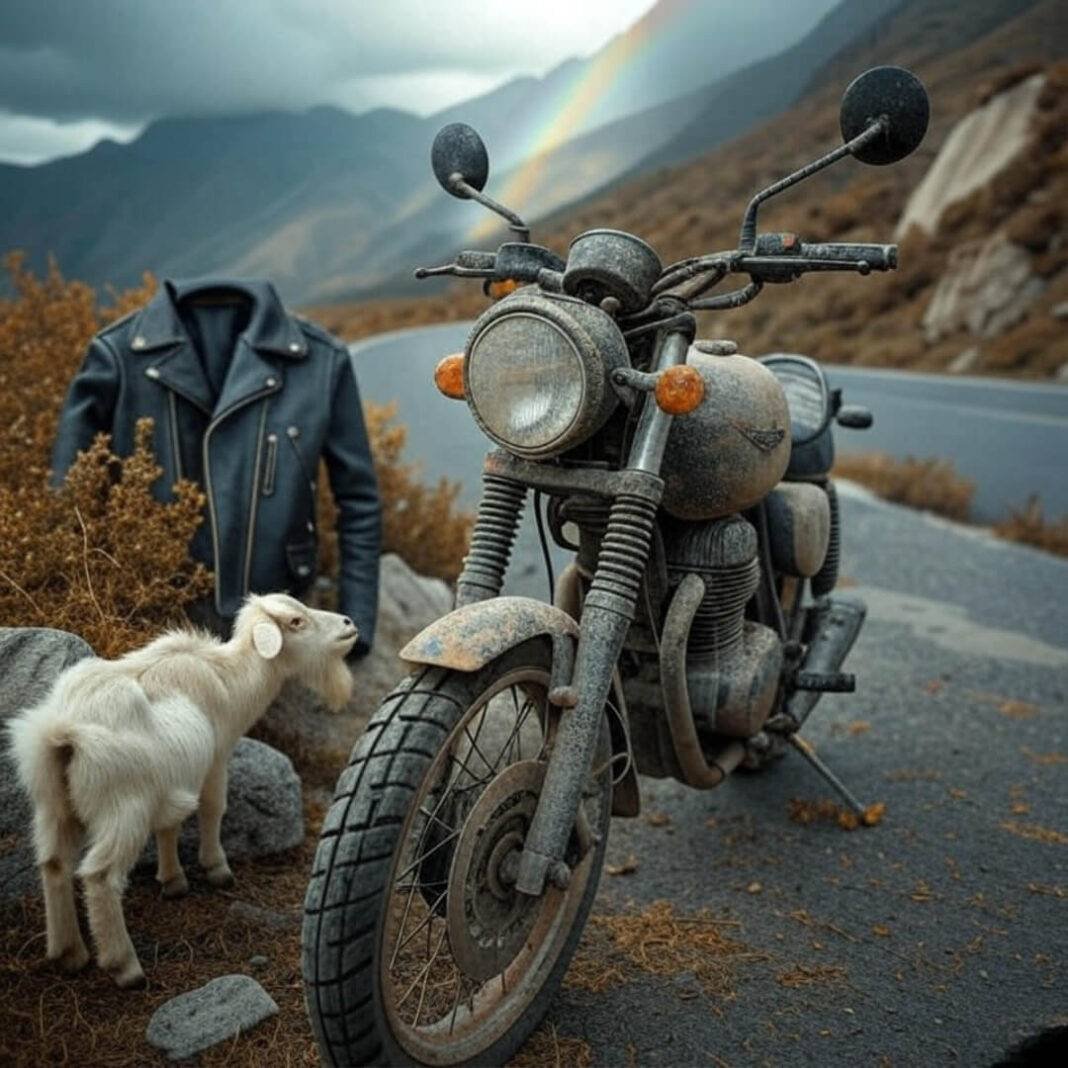 Dusty motorcycle, leather jacket, rainbow, goat on Himalayan road.