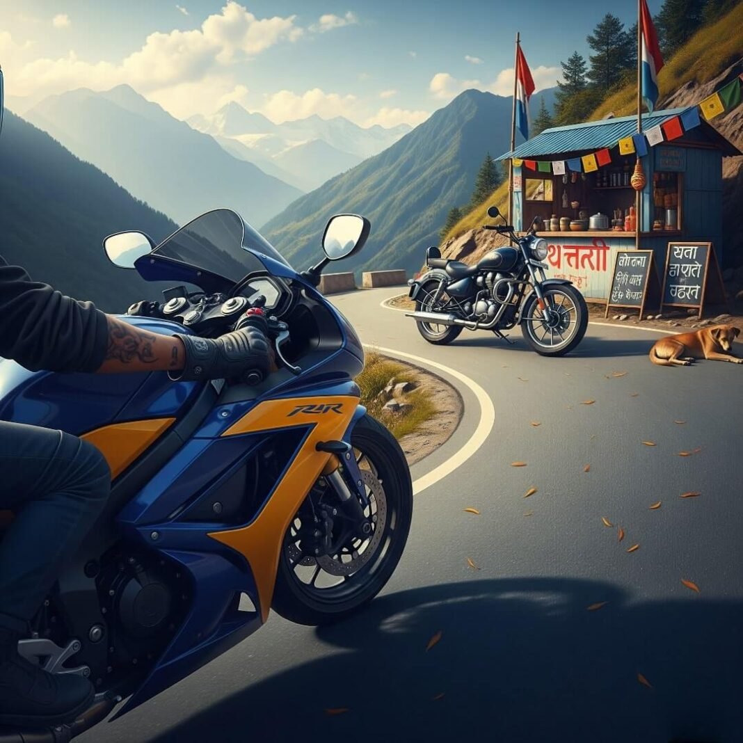 Sport bike leaning into Himalayan curve, cruiser by chai stall.