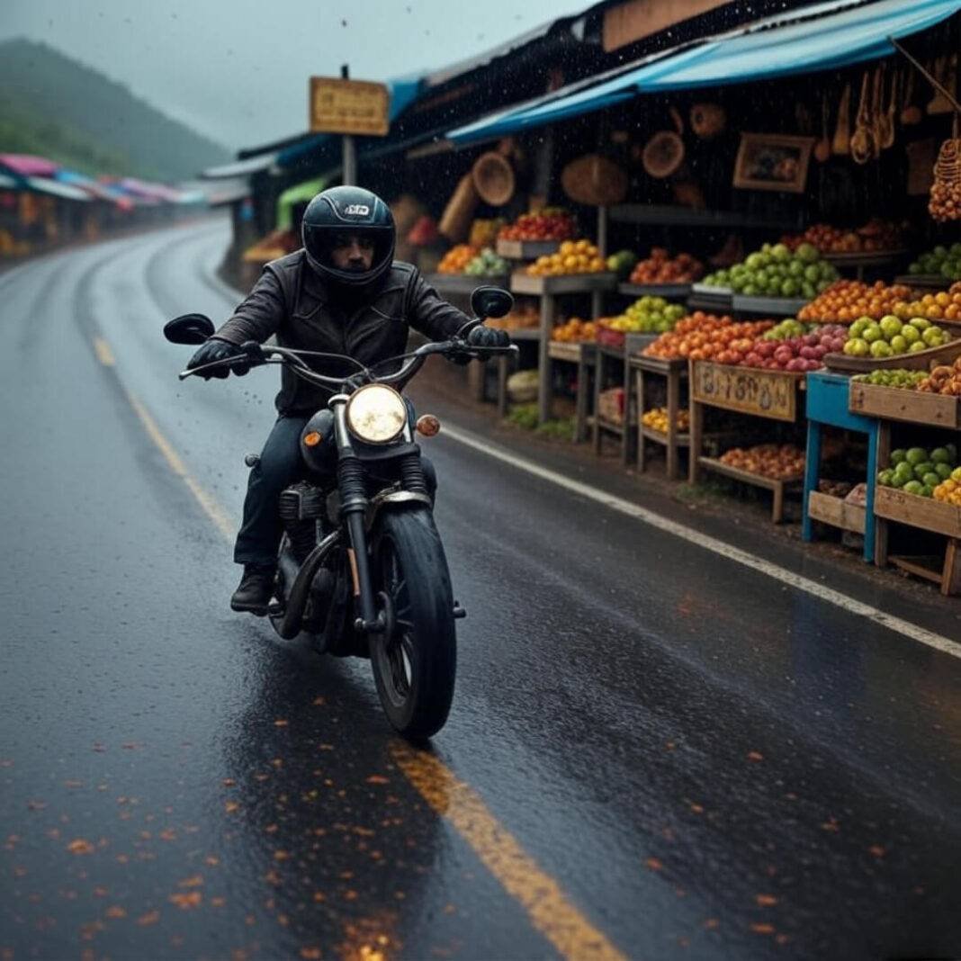 Lone rider, rainy road, colorful market, quirky sign.