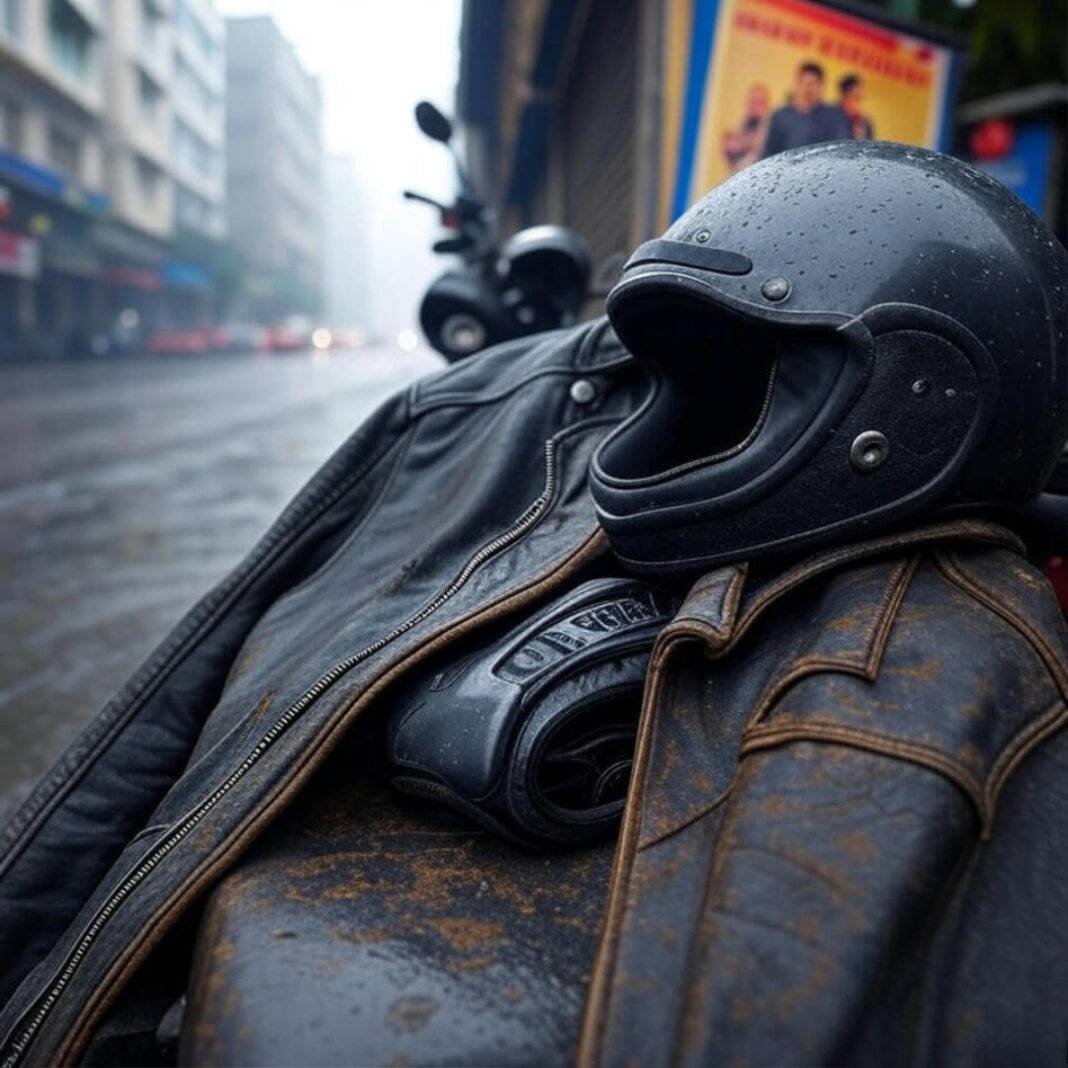 Rainy street with motorcycle gear, wry vibe.