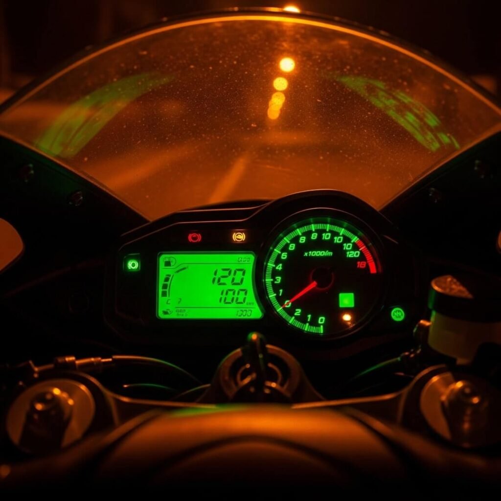 Sport bike dashboard glowing under Delhi streetlamp, dust swirling.