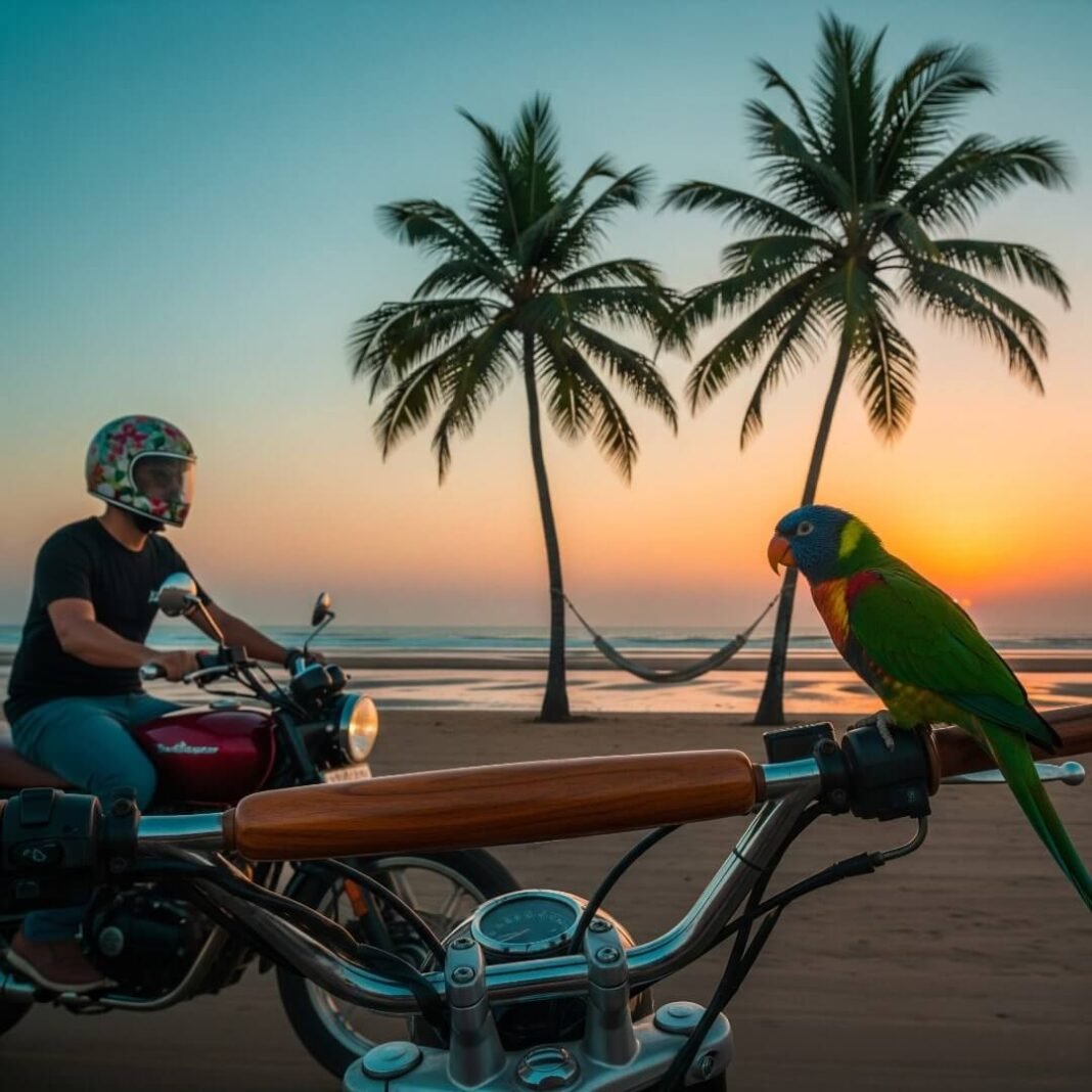 Rider on beach at sunset with parrot on handlebars.