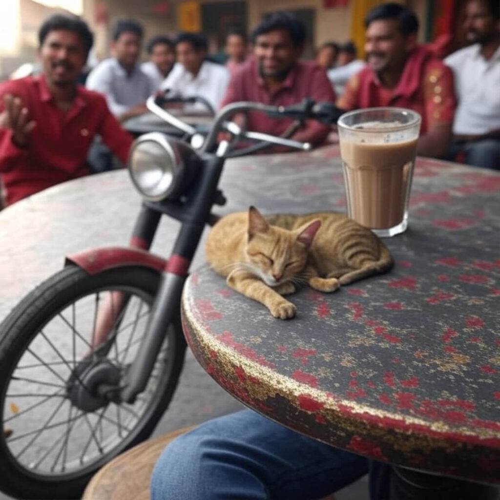 Shaky dhaba scene with motorcycle, chai, gesturing biker, cat.