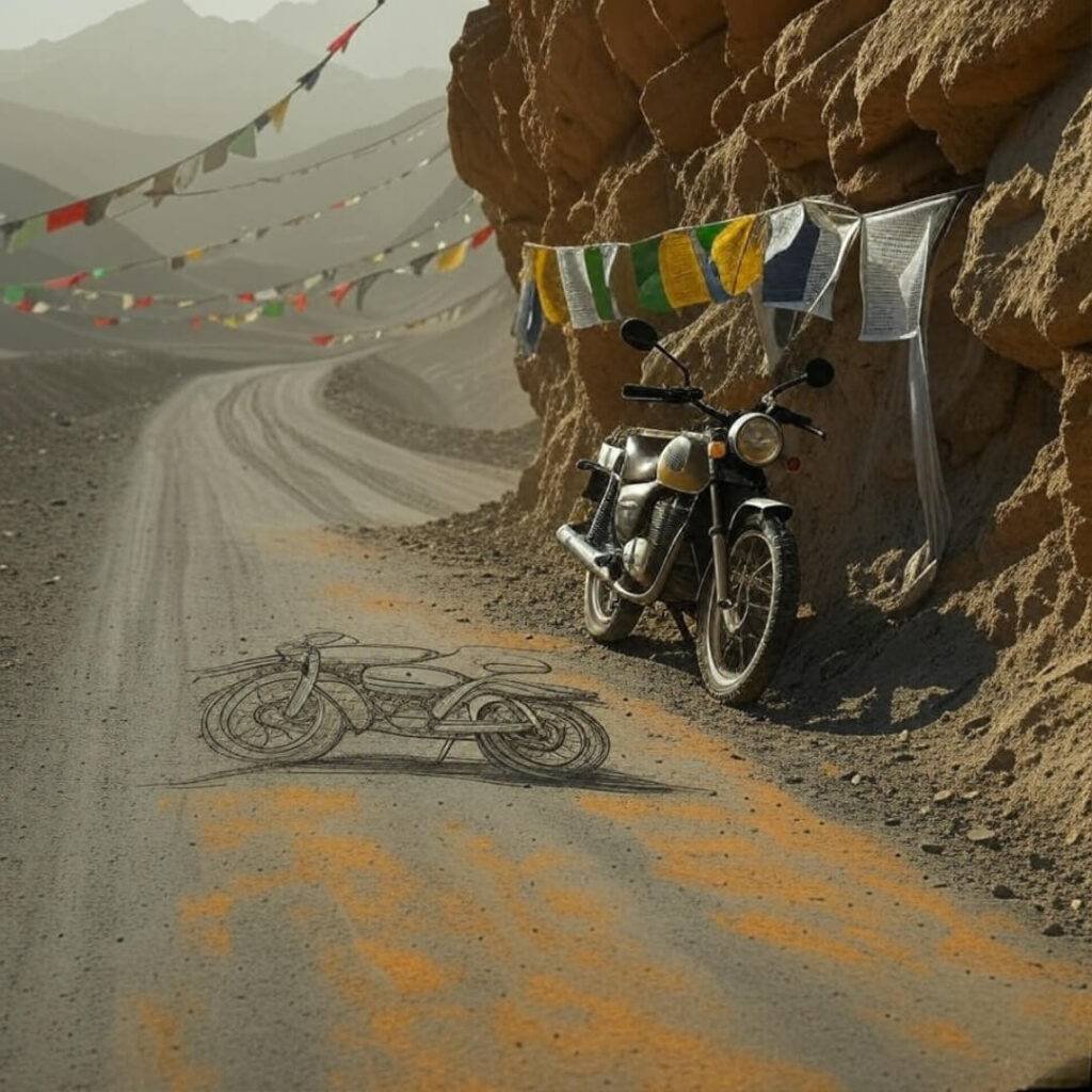 Rugged Ladakh road, bike near cliff, tangled flags.