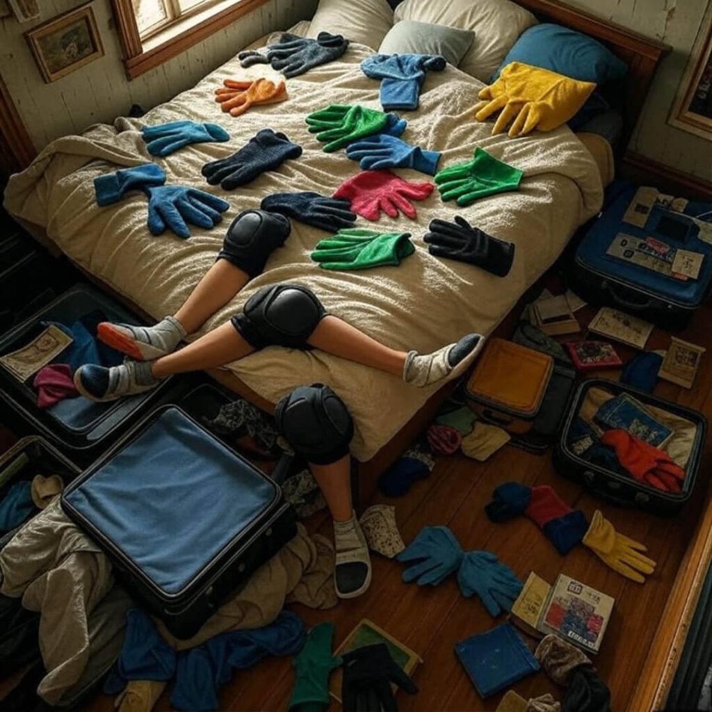 Cluttered bed with tossed gear, quirky view