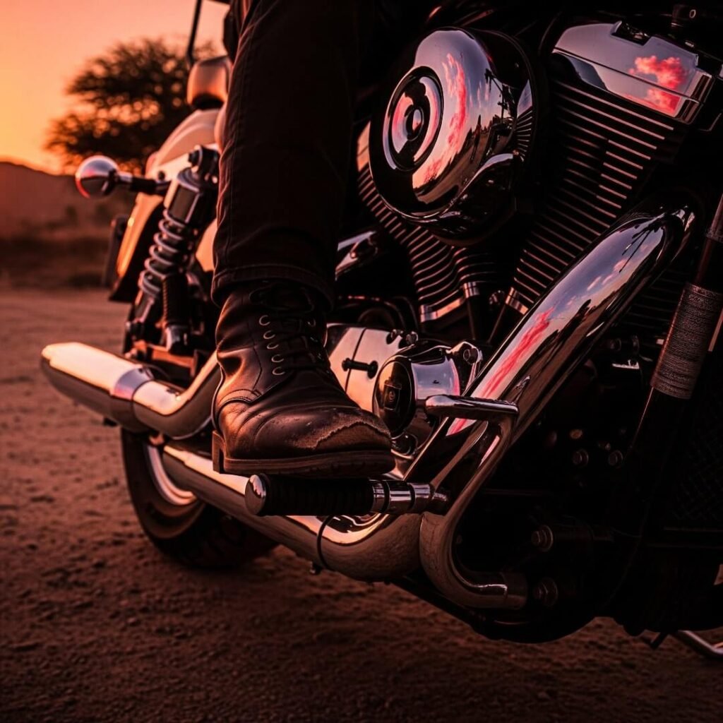 Cruiser's chrome reflecting Rajasthan sunset, rider's scuffed boot.