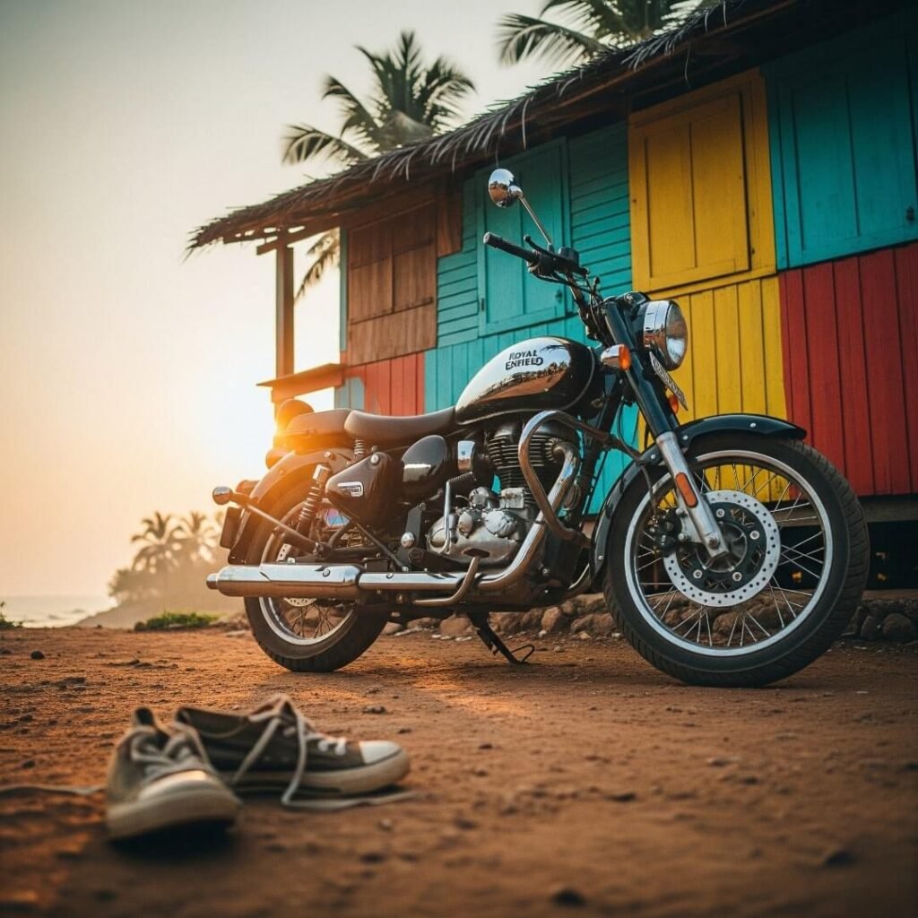 Motorcycle parked outside colorful shack with sneakers.

