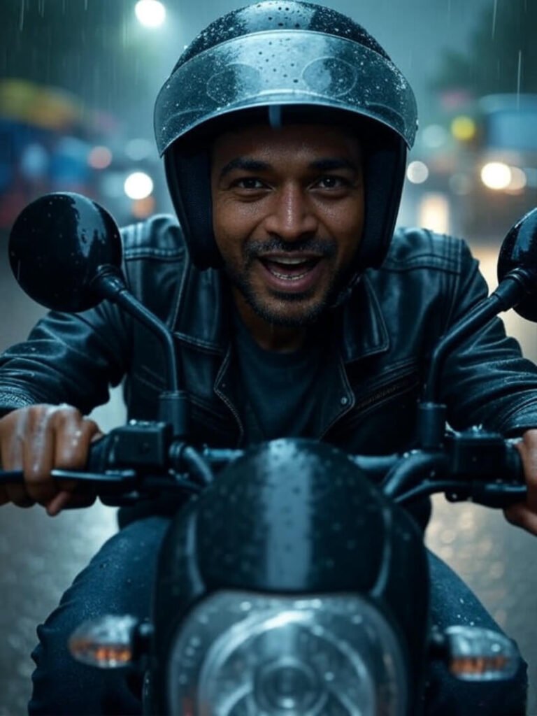 Close-up hands on electric bike, rainy chaos."