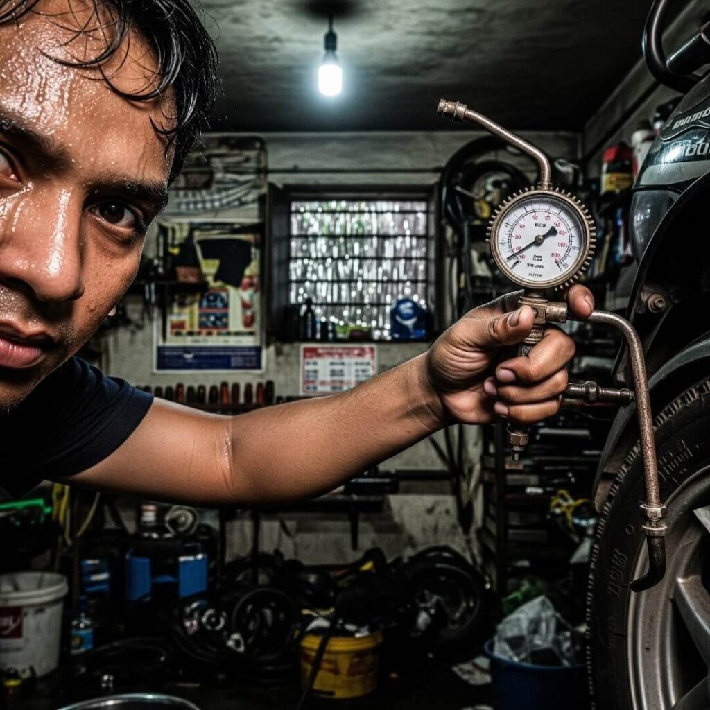 Man sweating, checking tire pressure in a monsoon.


