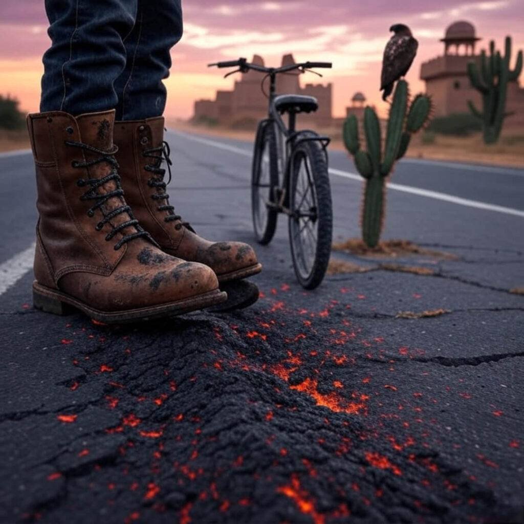 Gritty boots by bike, blurry fort, buzzard on cactus.