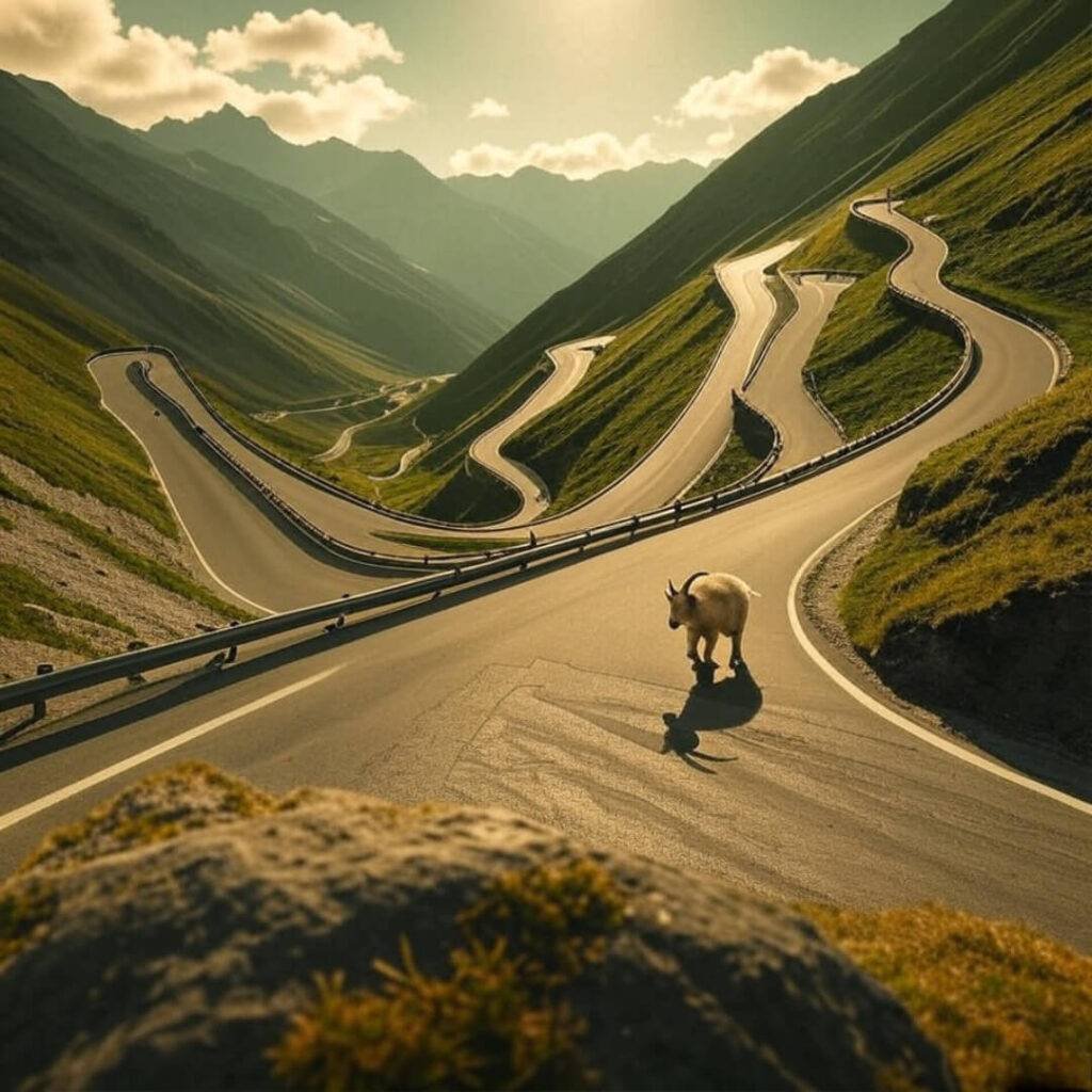 Stelvio switchbacks, low angle, goat, vintage sepia tones.