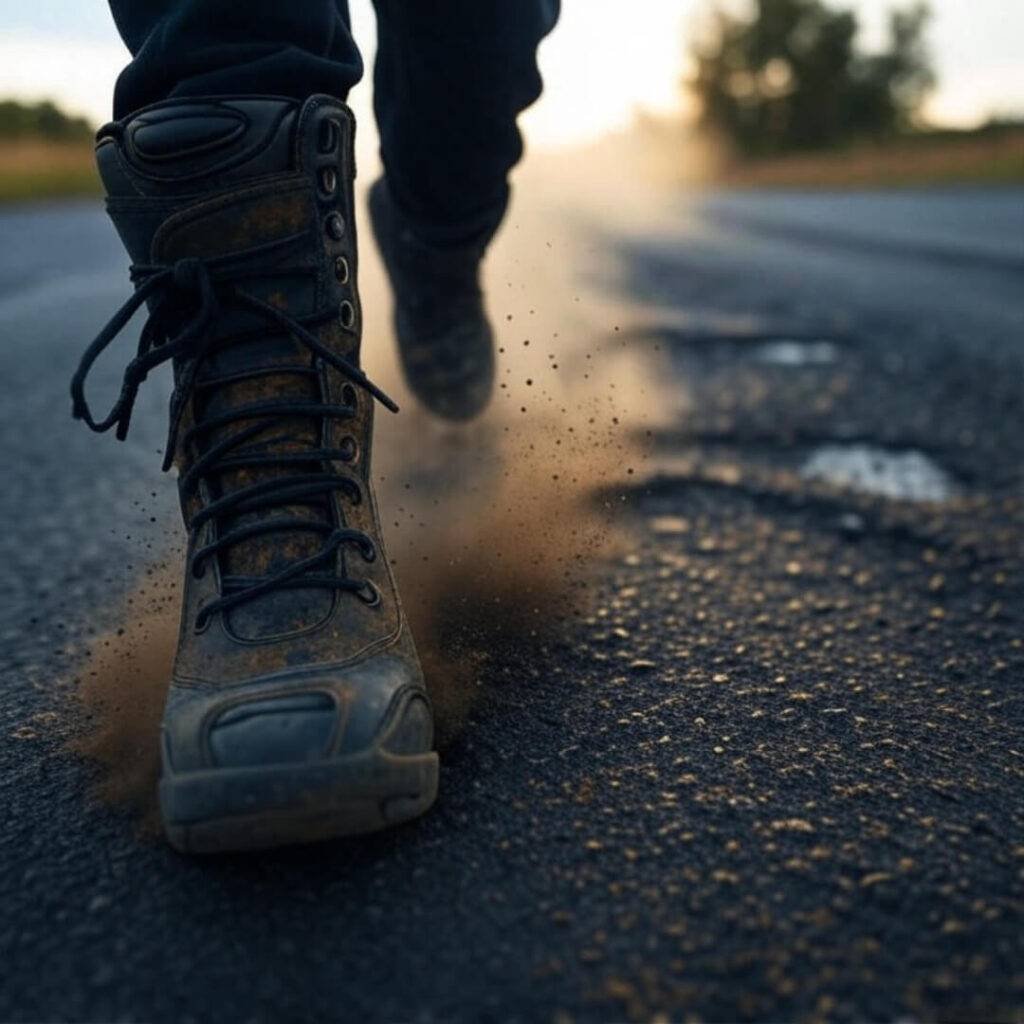 Boots kick dust on potholed road, distorted.