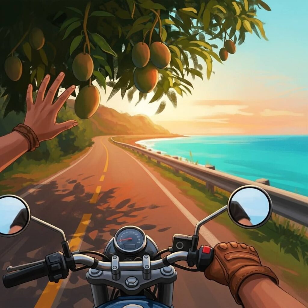 Rider's POV on coastal road, hand brushing mango tree.