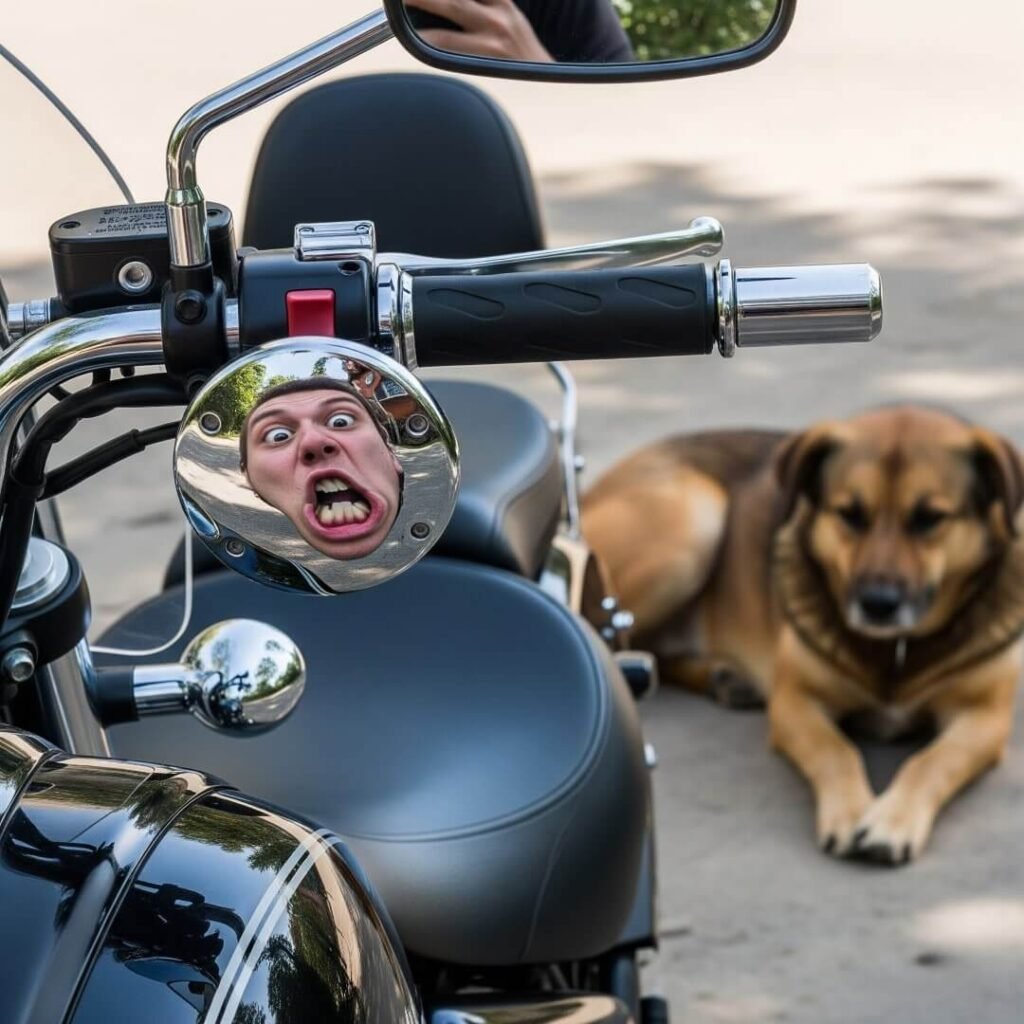Goofy reflection in motorcycle mirror with dog.

