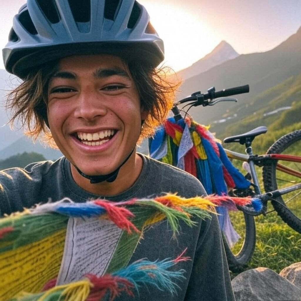 Blurry selfie with Himalayan peak, bike, tangled prayer flag.