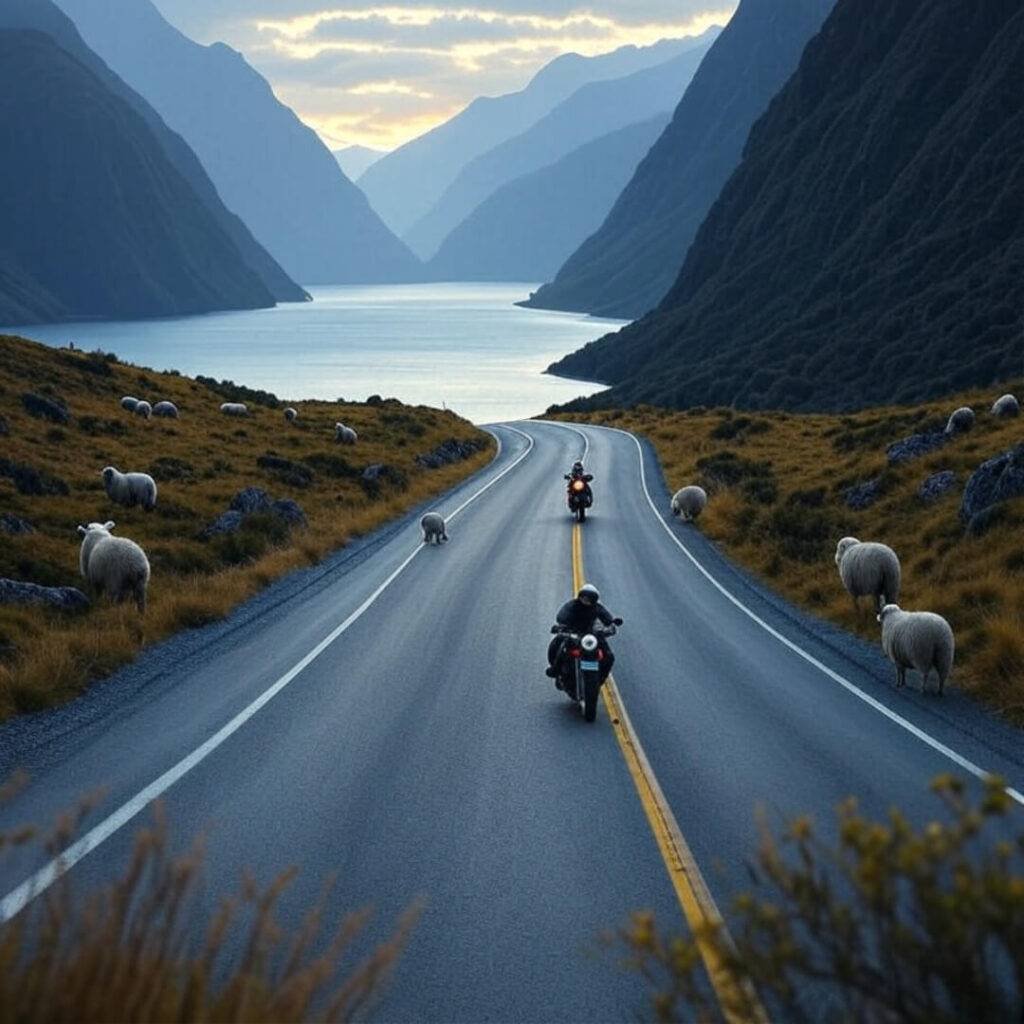 New Zealand fjord, tiny rider, sheep, moody blues.