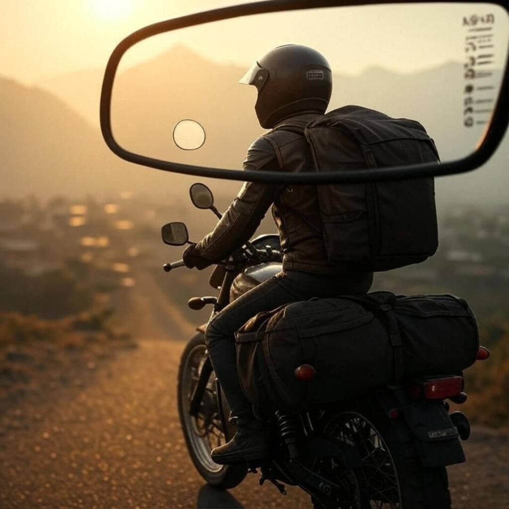 Rider silhouette in mirror, hazy Himalayan backdrop."
