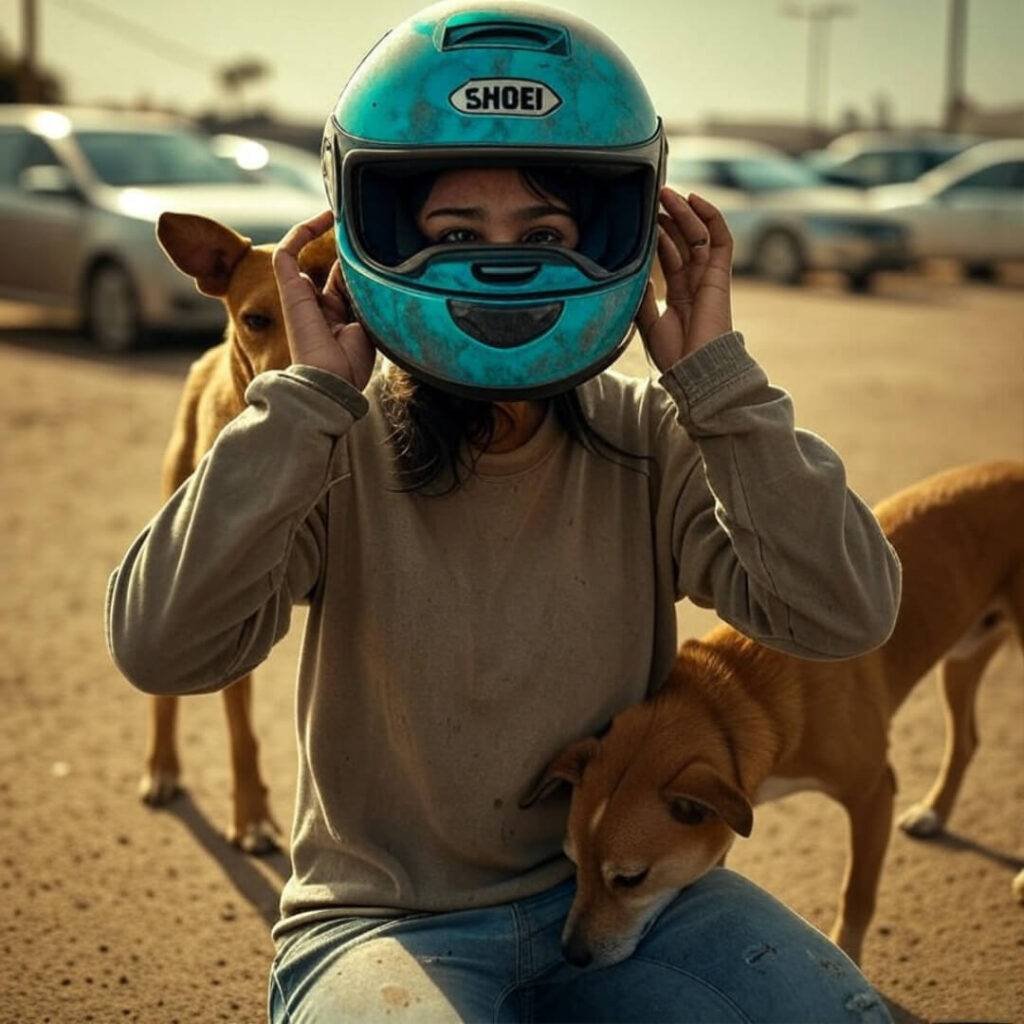 Person with Shoei helmet, dogs in dusty parking lot