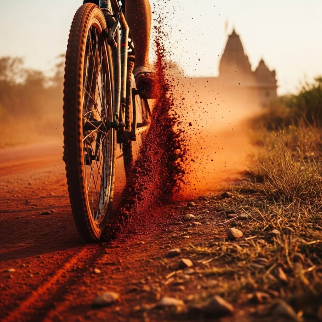 Bike tire kicking up red mud on a rural road.