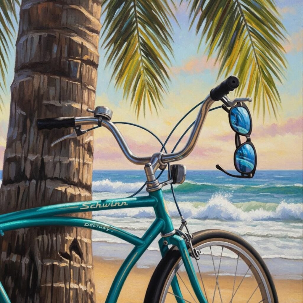 Bicycle leaning against palm tree on beach.